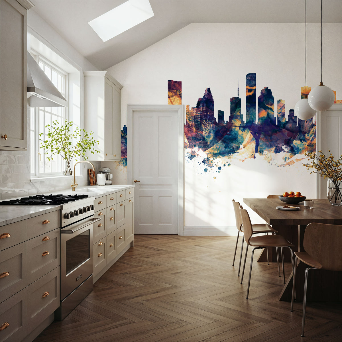 Houston Skyline Blue & Bronze Mural Wallpaper - room preview 05