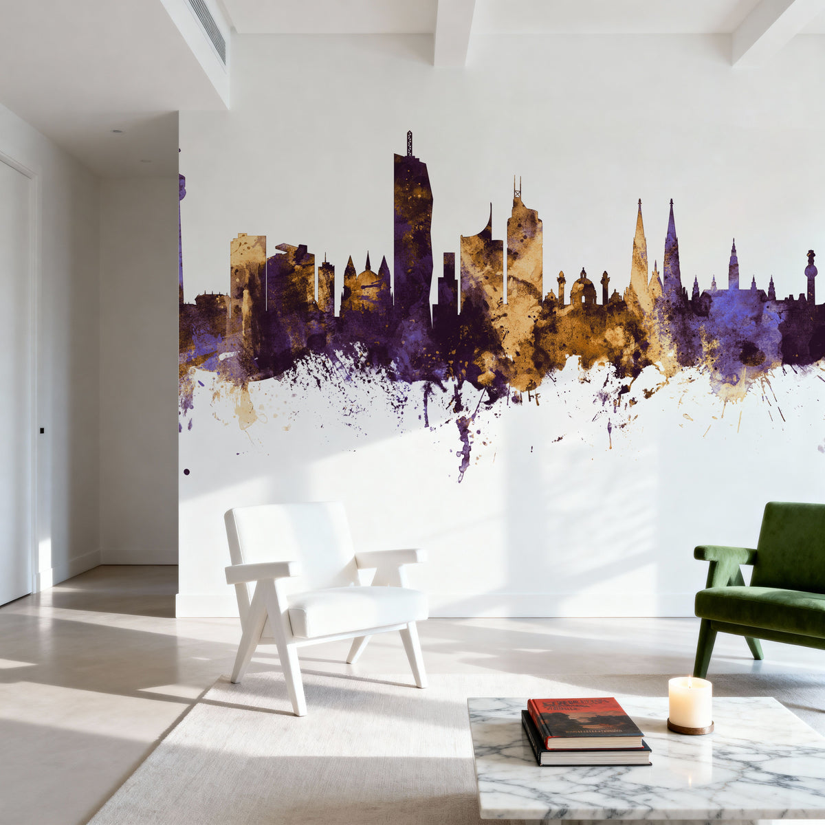 Vienna Austria Skyline Purple & Gold Mural Wallpaper - room preview 05