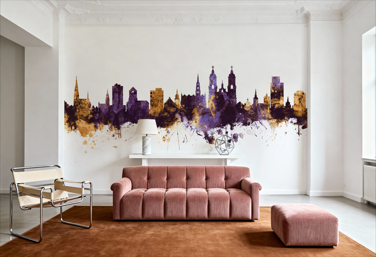 St Gallen Switzerland Skyline Purple & Gold Mural Wallpaper - room preview 05