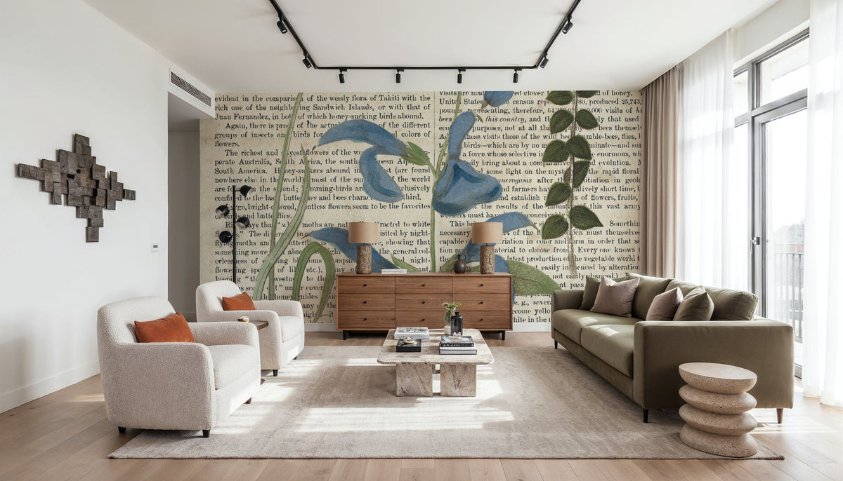 Salvia Florals on Newsprint II Mural Wallpaper - room preview 05