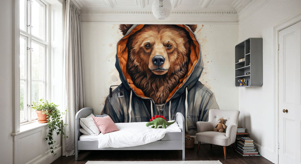 Watercolor Cartoon Grizzly Bear in a Hoodie Mural Wallpaper - room preview 05