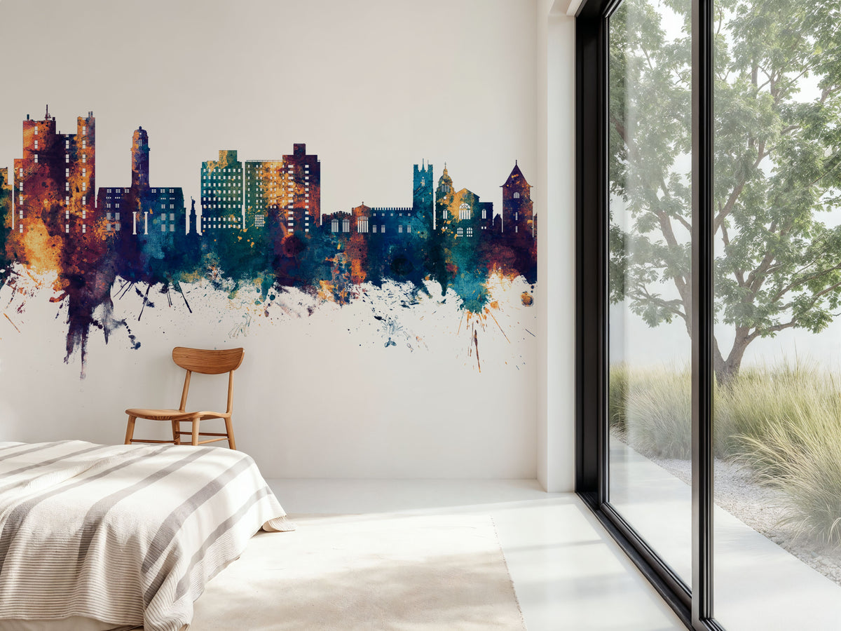 Luton England Skyline Blue & Bronze Mural Wallpaper - room preview 05