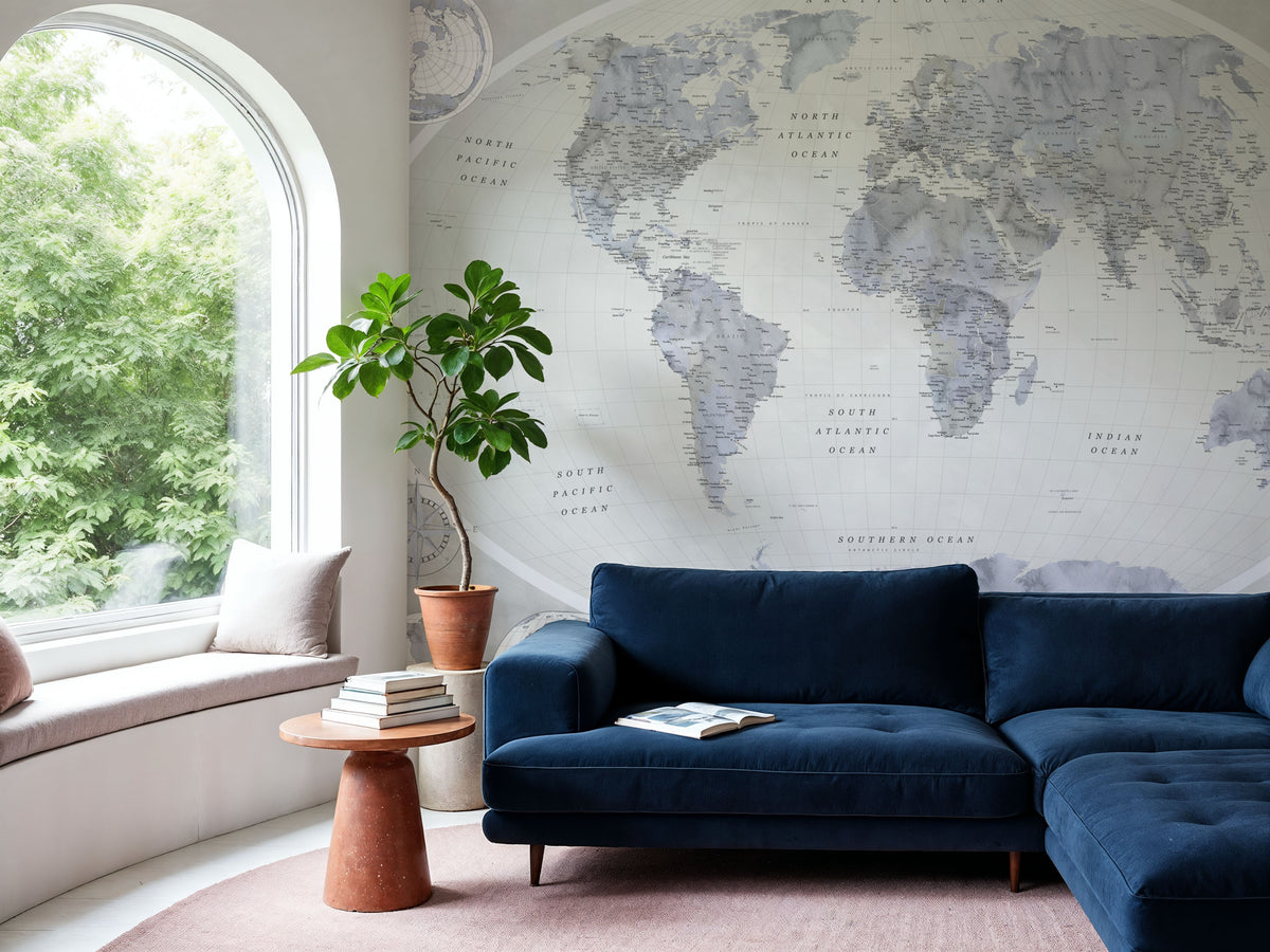 World Map Atlas Blue Gray Mural Wallpaper - room preview 05