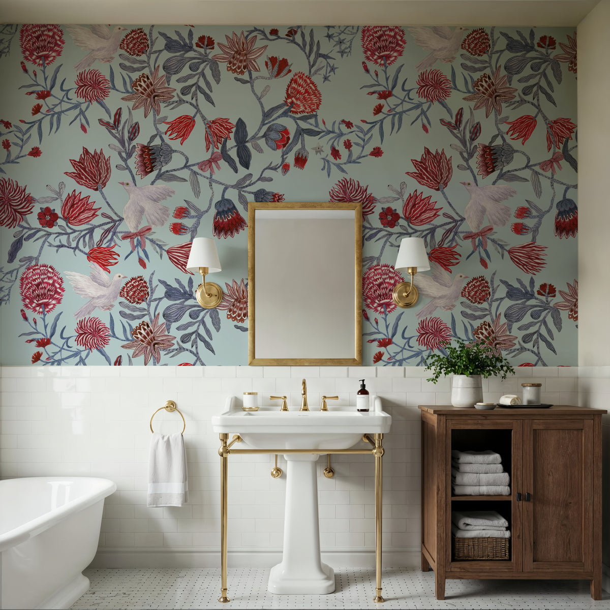 Miracle Blossoms and Birds, Red Mural Wallpaper - room preview 05
