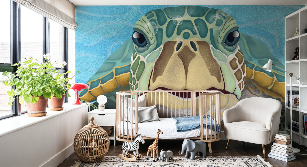Hello Turtle, Light Blue Mural Wallpaper - room preview 05