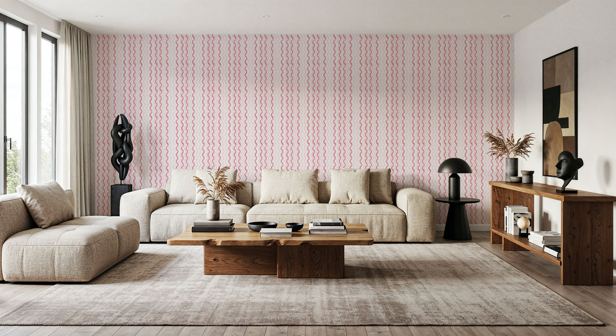 Wavy Stripes, Pink Mural Wallpaper - room preview 05