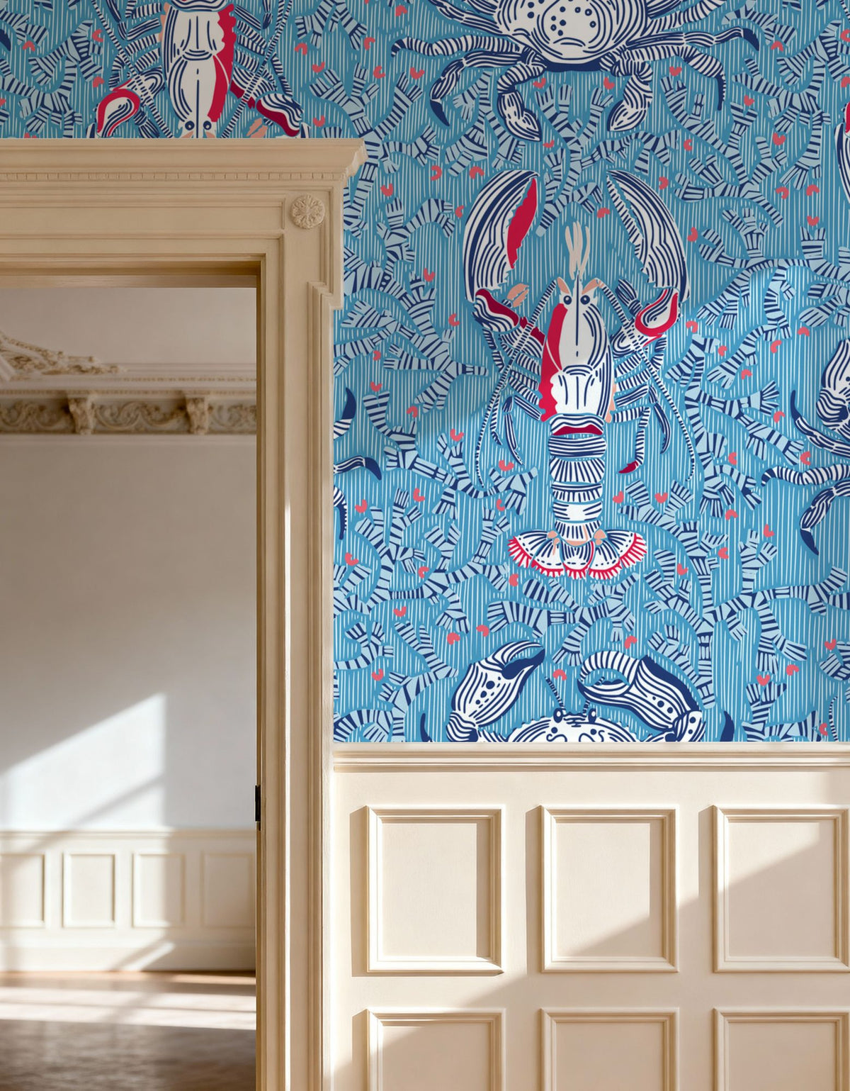 Lobster and Crab Coastal Nostalgia, Blue Mural Wallpaper - room preview 05