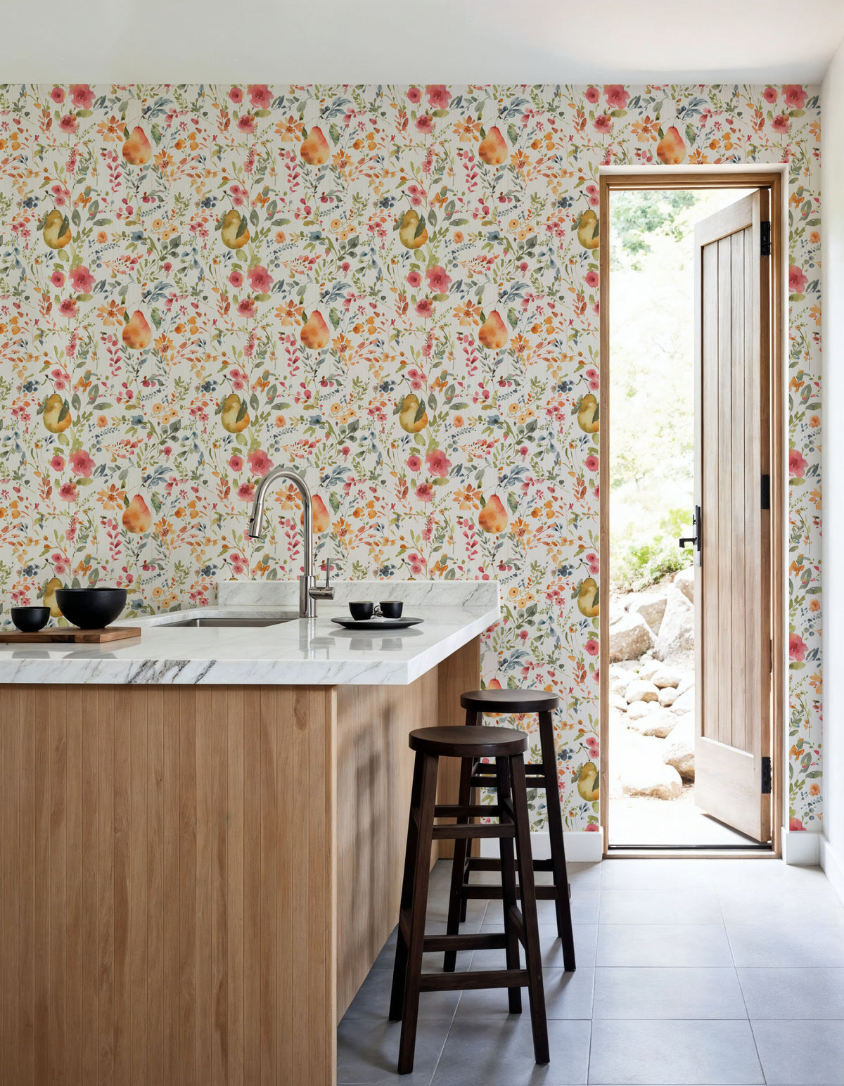 Time to Share Flowers and Pears White Mural Wallpaper - room preview 05