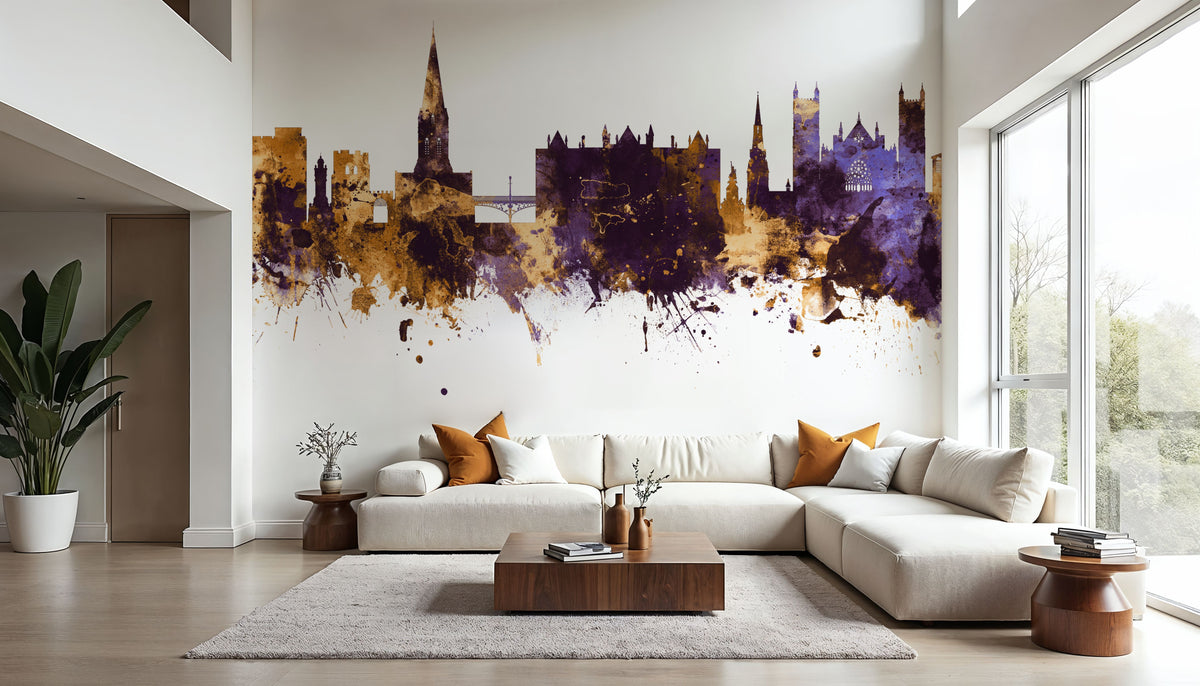 Exeter England Skyline Purple & Gold Mural Wallpaper - room preview 05