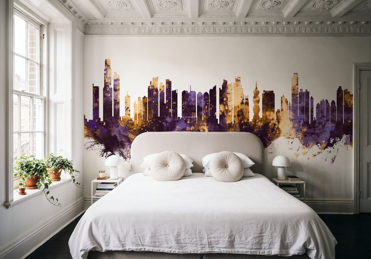 Panama City Skyline Purple & Gold Mural Wallpaper - room preview 05