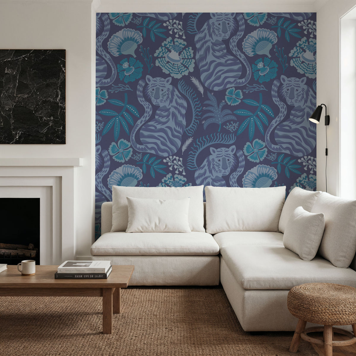 Painterly Tigers Blue Mural Wallpaper - room preview 05