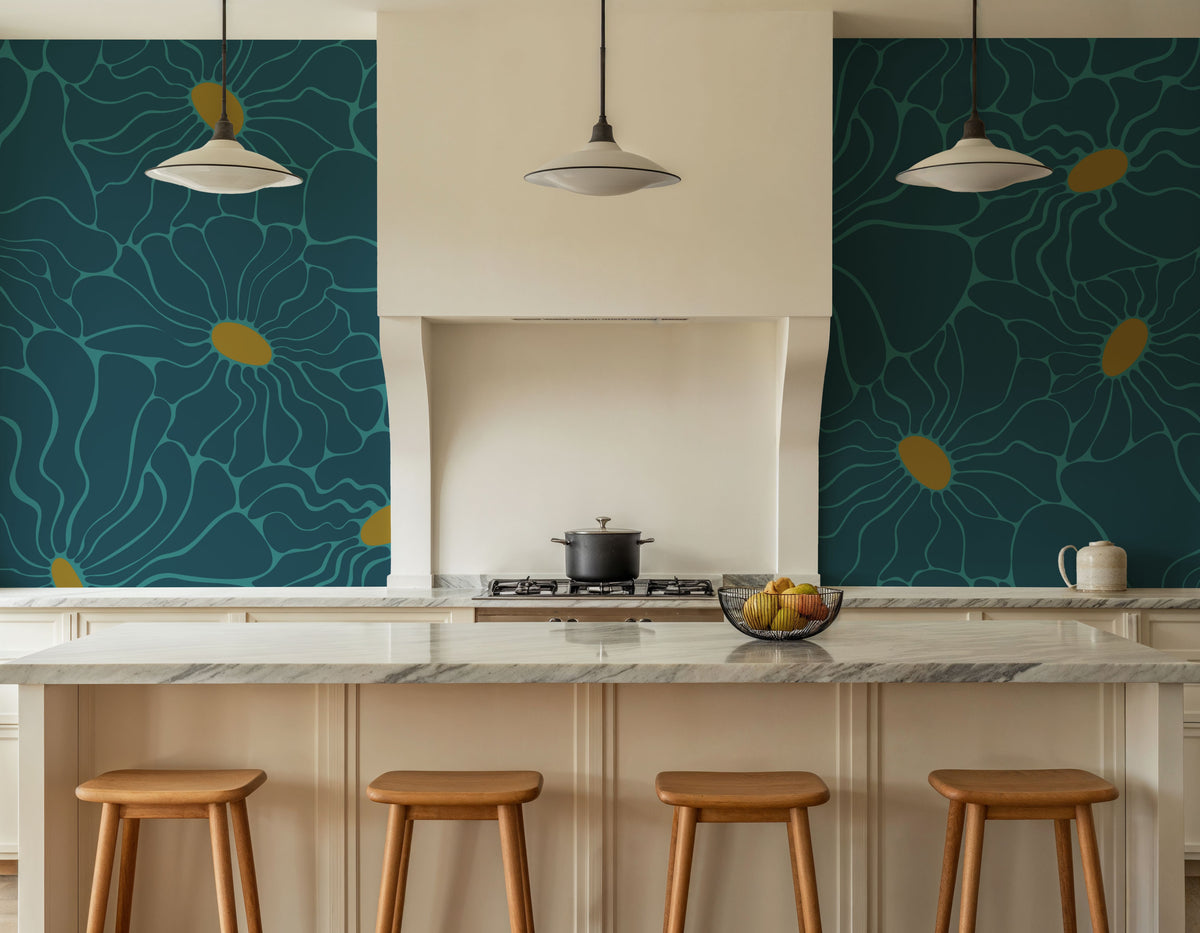 Cool Fluid Flowers Mural, Teal Mural Wallpaper - room preview 05
