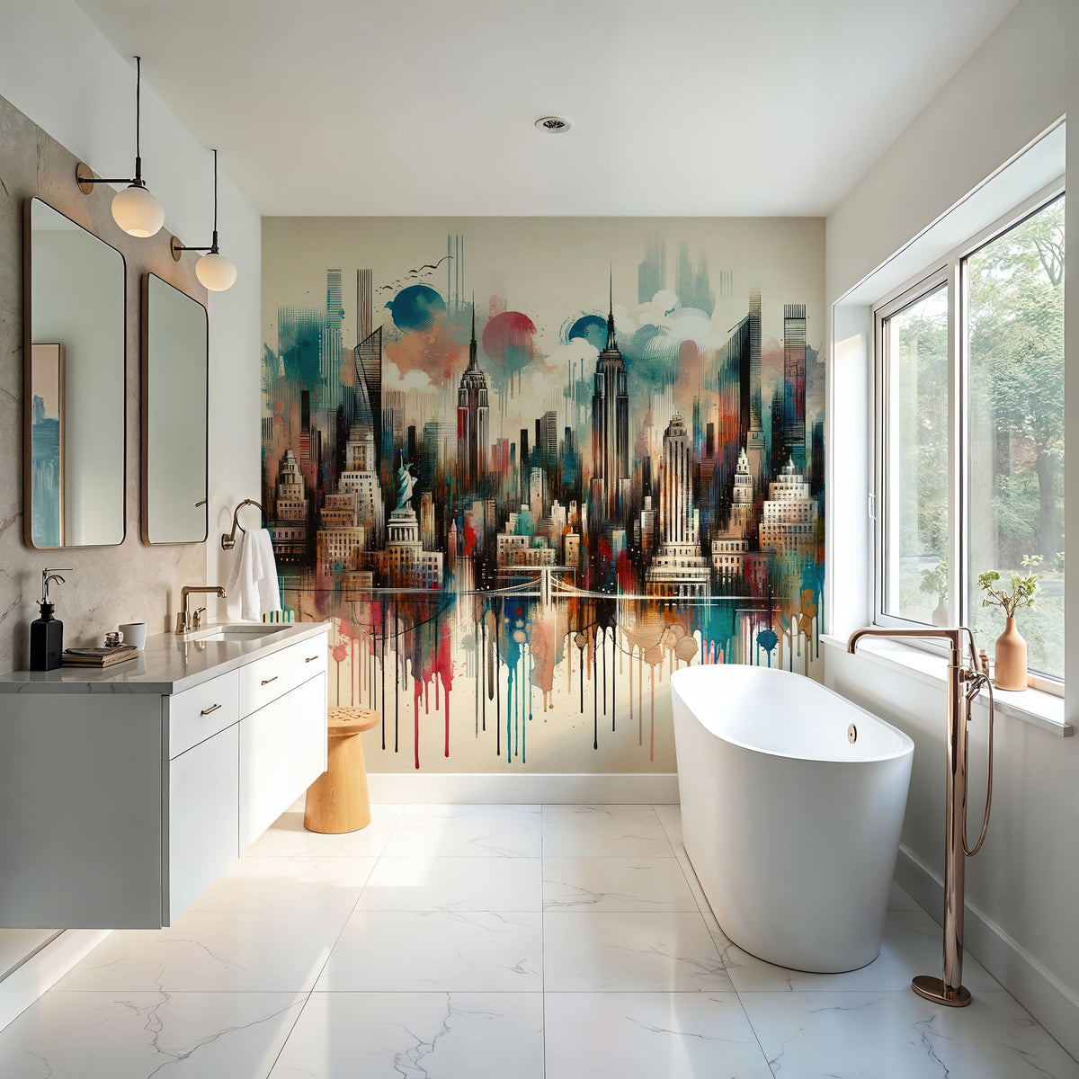Watercolor New York Skyline Mural Wallpaper - room preview 05