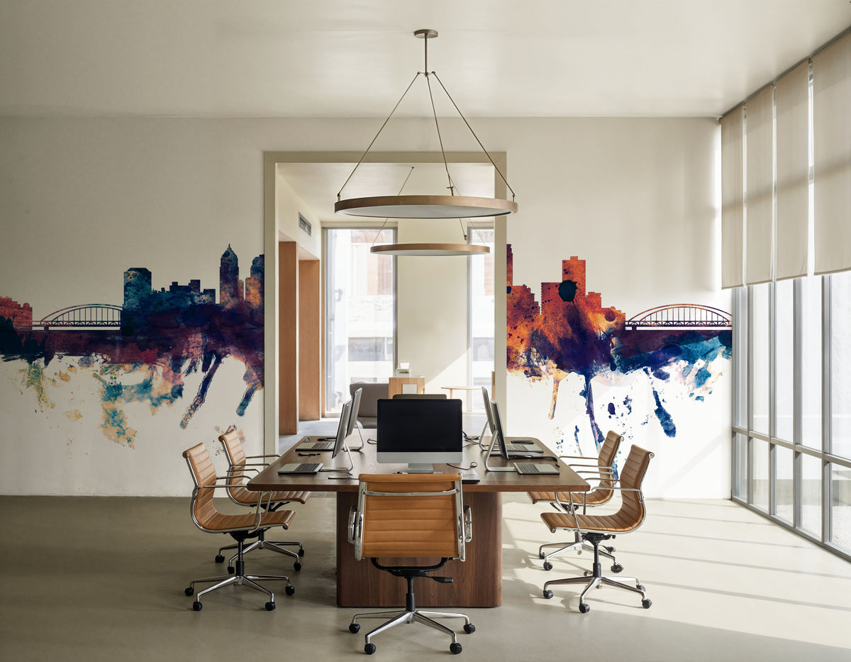 Pittsburg Pennsylvania Skyline Blue & Bronze Mural Wallpaper - room preview 05