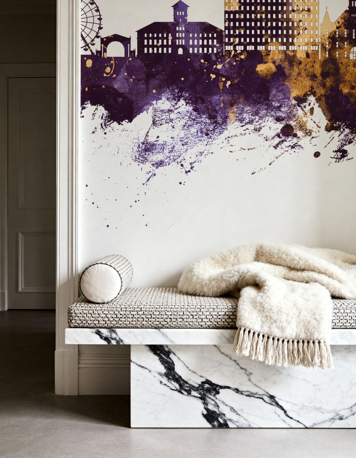 Davenport Iowa Skyline Purple & Gold Mural Wallpaper - room preview 05
