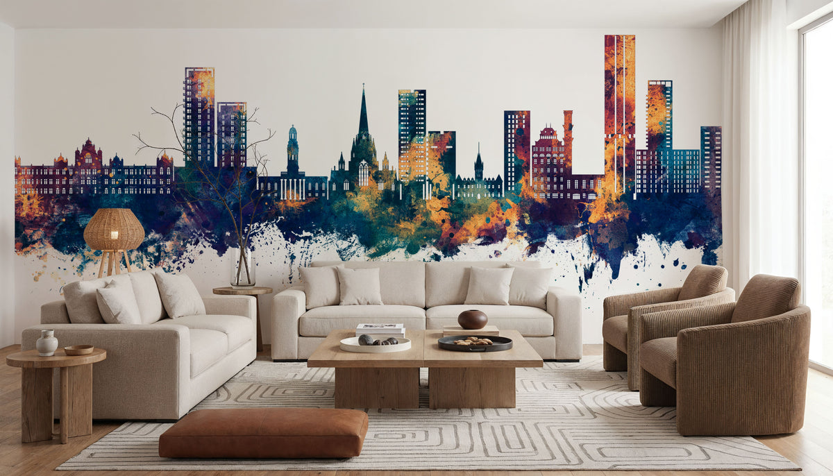 Salford England Skyline Blue & Bronze Mural Wallpaper - room preview 05