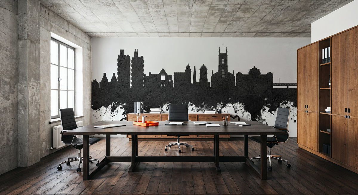 Stoke-on-Trent Skyline Black & White Mural Wallpaper - room preview 05