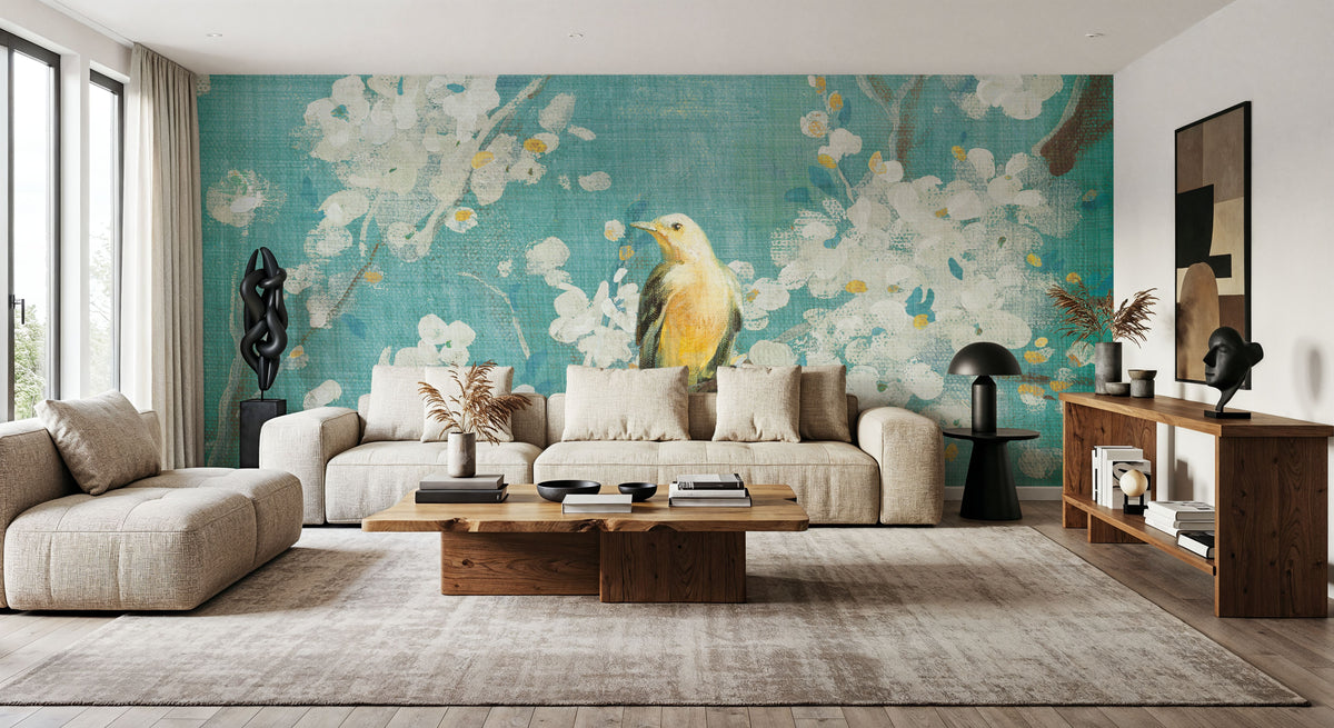 White Cherry Blossoms I on Blue Aged Mural Wallpaper - room preview 05