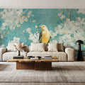 White Cherry Blossoms I on Blue Aged Mural Wallpaper - room preview 05