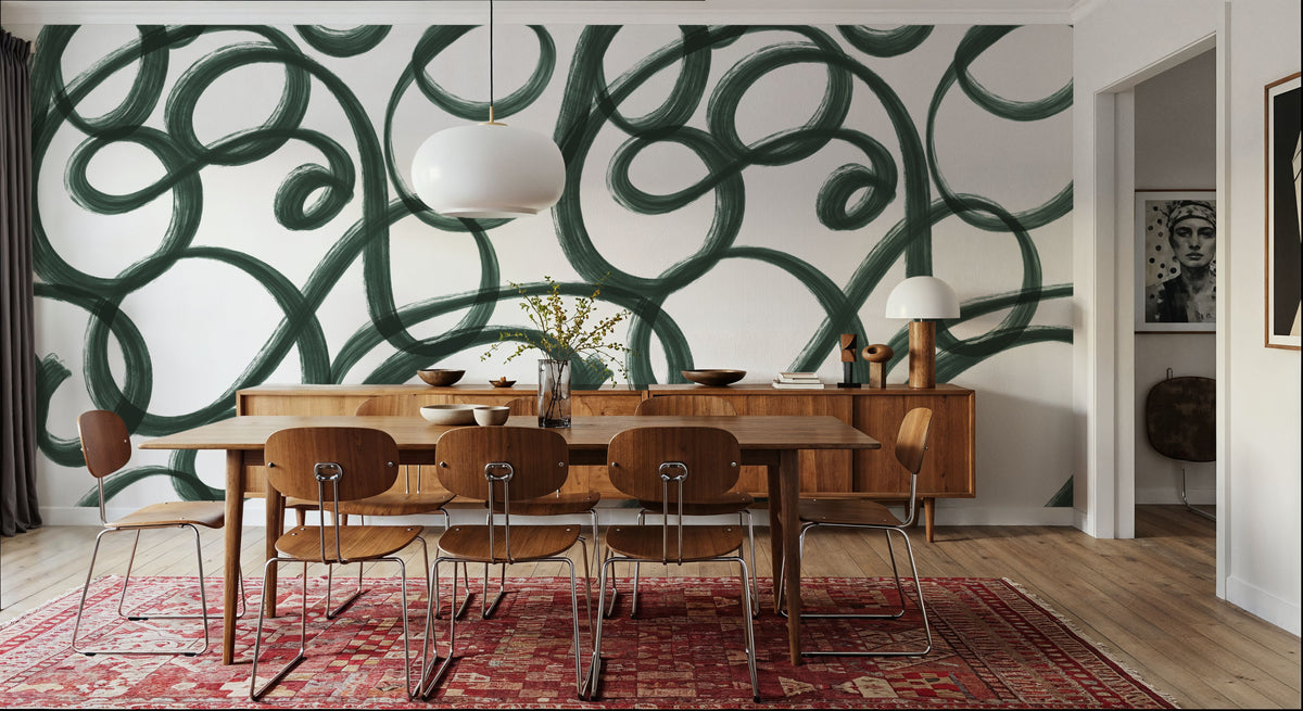 Curly Brush Lines, Salamander Green Mural Wallpaper - room preview 05