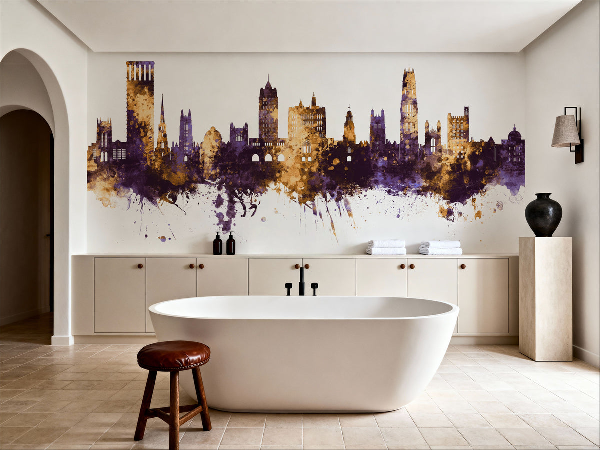 New Haven Connecticut Skyline Purlpe & Gold Mural Wallpaper - room preview 05