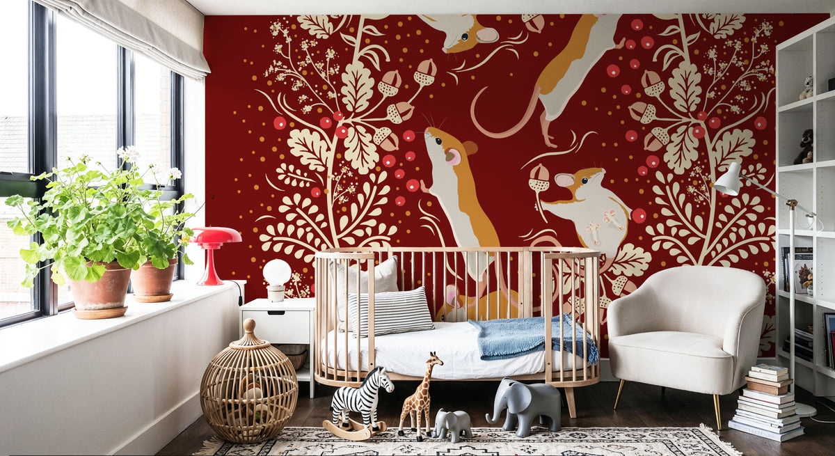 Holiday Mice, Red Mural Wallpaper - room preview 05