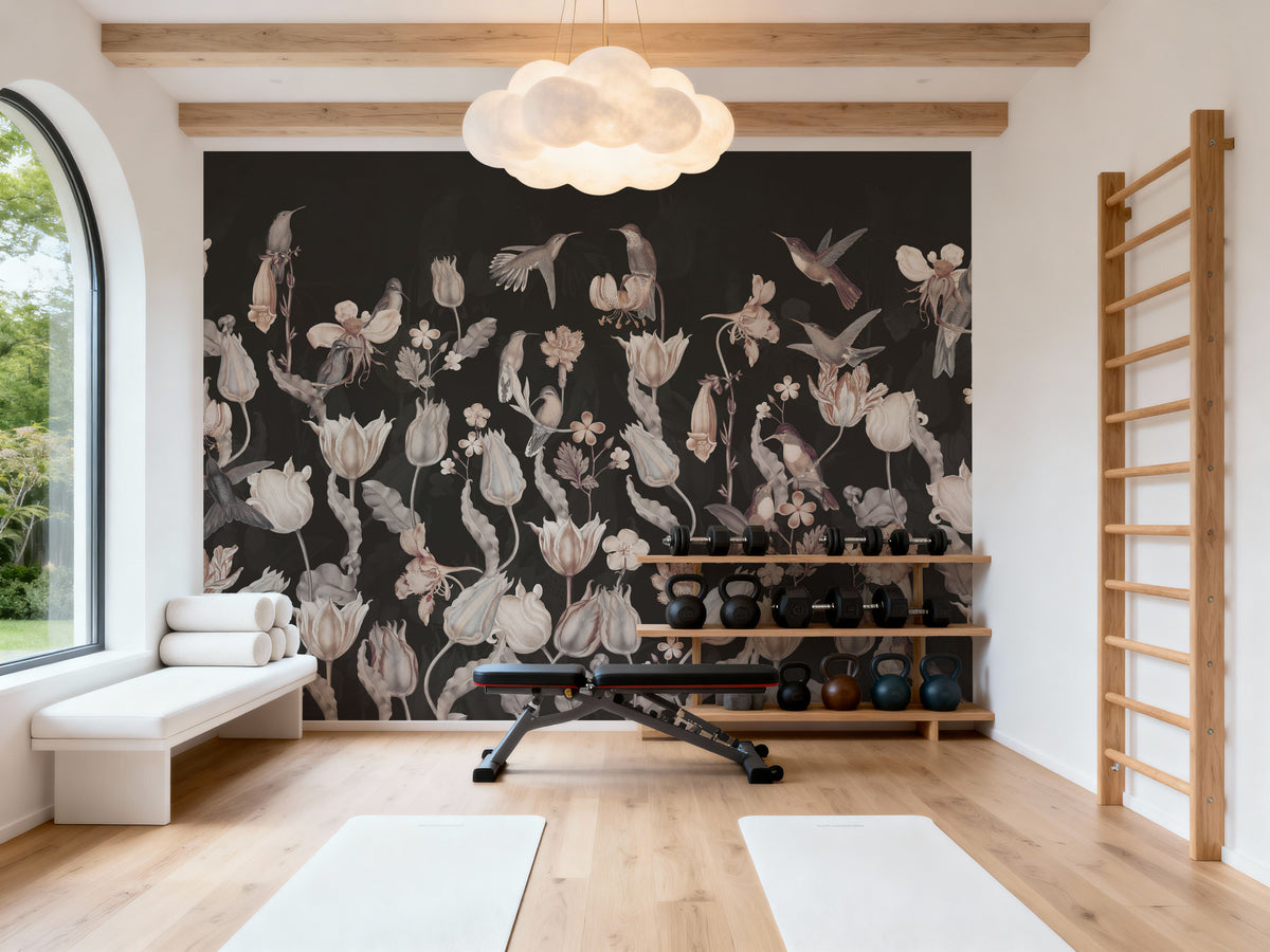 Tulips & Birds, Black Mural Wallpaper - room preview 05