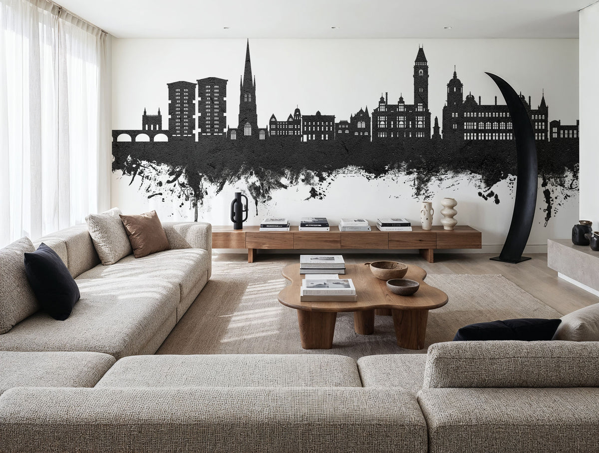 Wakefield England Skyline Black & White Mural Wallpaper - room preview 05