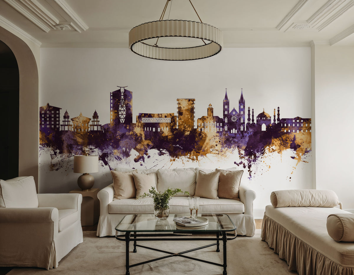 Paramaribo Suriname Skyline Purple & Gold Mural Wallpaper - room preview 05