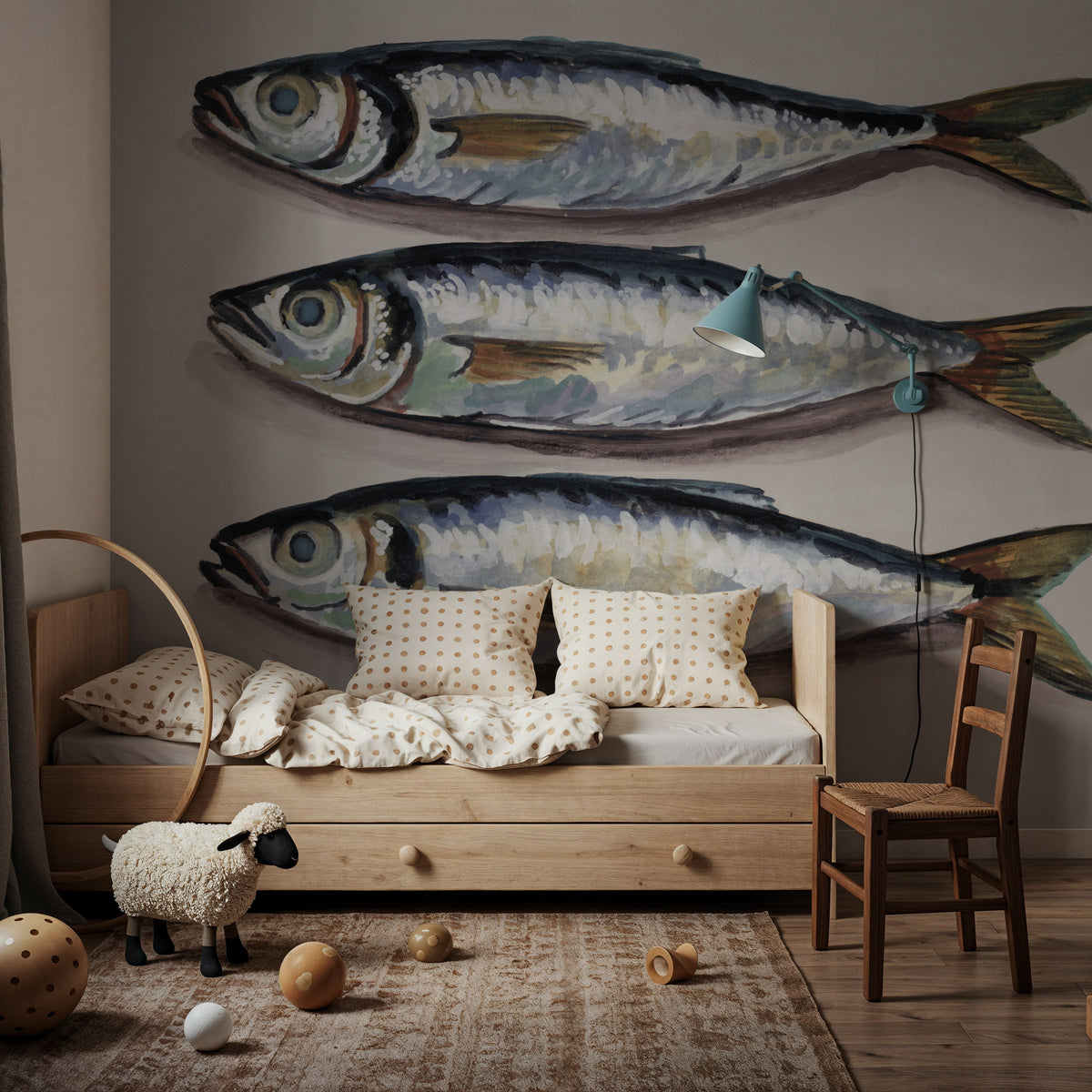 Three Little Fishies Neutral Mural Wallpaper - room preview 05