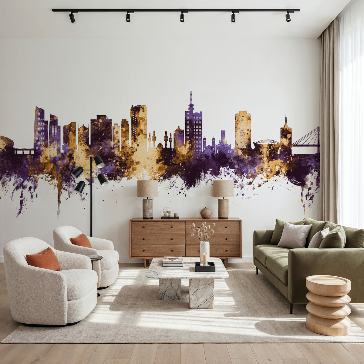 Lagos Nigeria Skyline Purple & Gold Mural Wallpaper - room preview 05