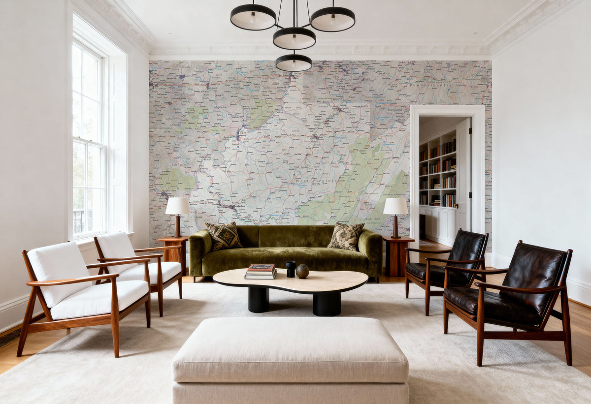 West Virginia Detailed Map Mural Wallpaper - room preview 05