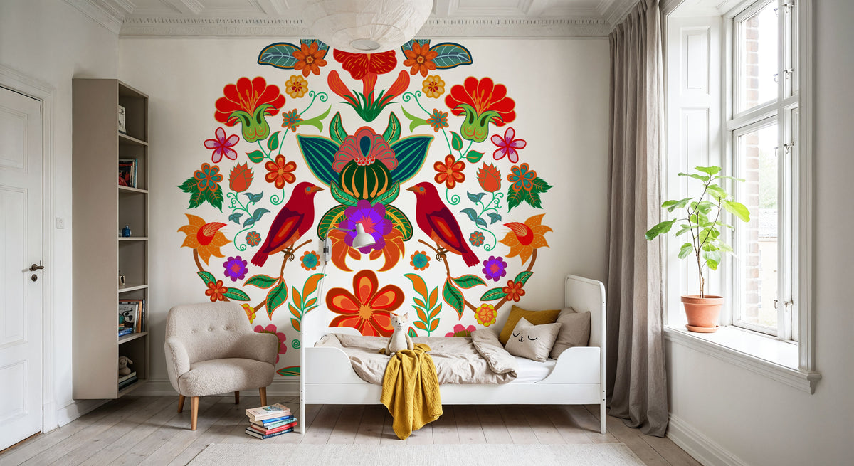 Otomi Floral Birds Mural Wallpaper - room preview 05