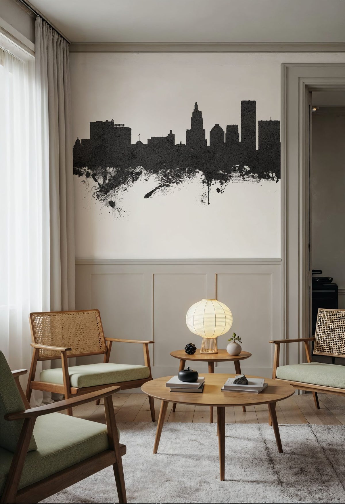 Providence Rhode Island Skyline Black & White Mural Wallpaper - room preview 05