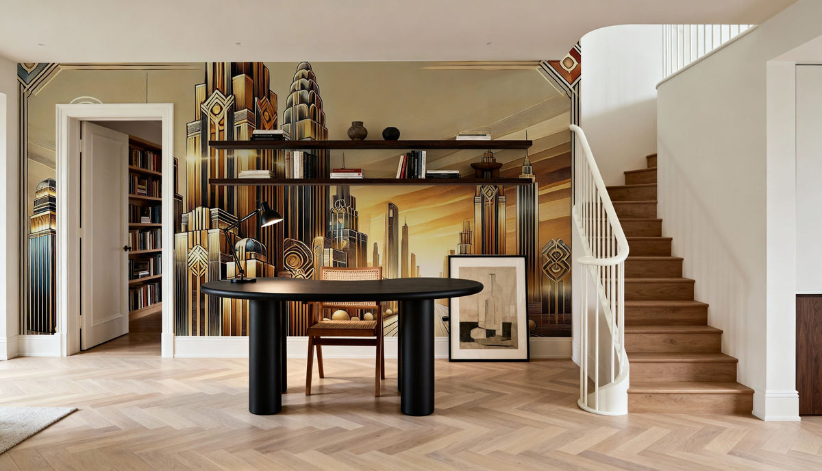 Golden City Skyline At Sunset in Art Deco Mural Wallpaper - room preview 05