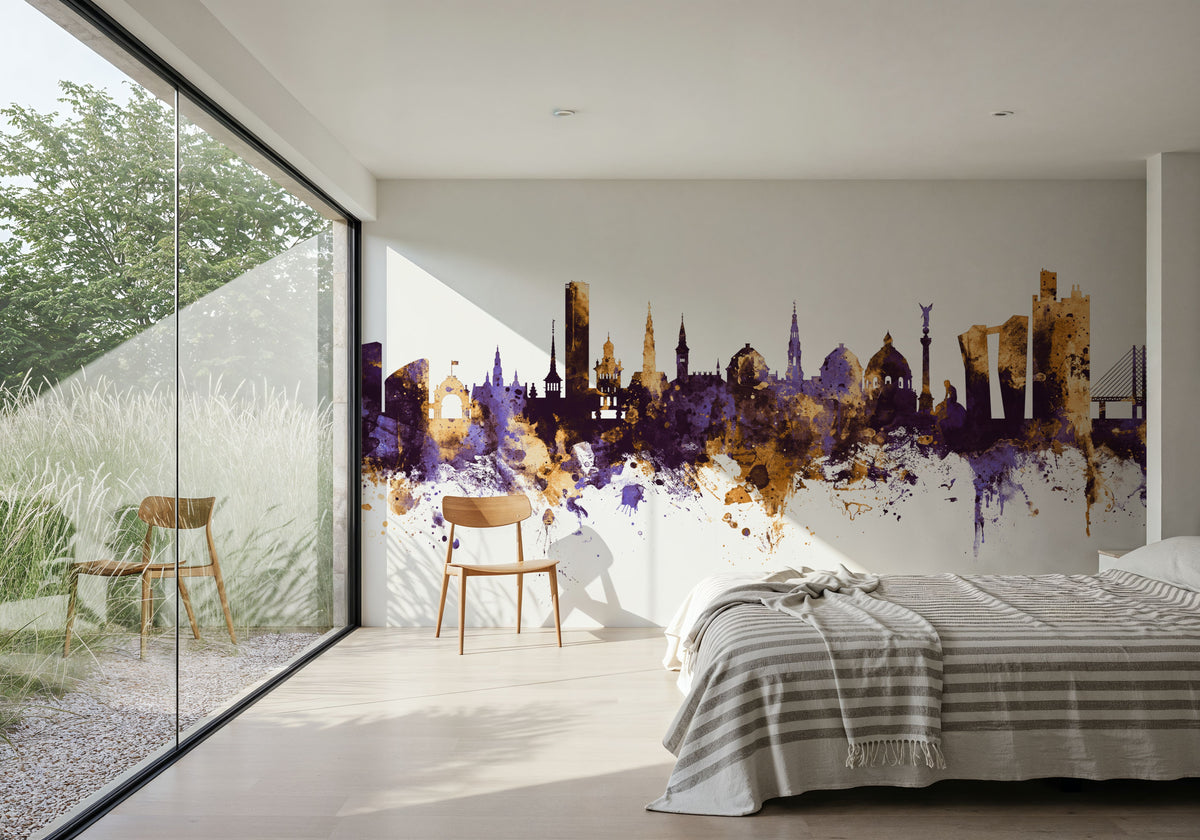 Copenhagen Skyline Purple & Gold Mural Wallpaper - room preview 05