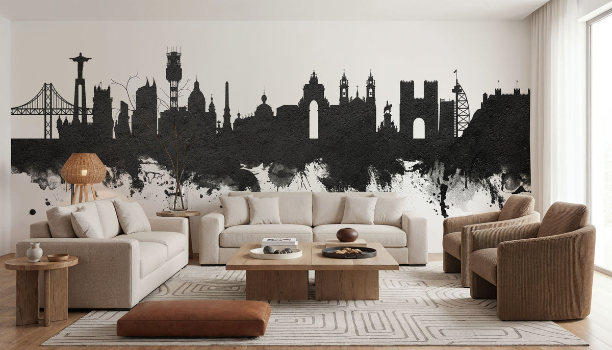 Lisbon Portugal Skyline Black & White Mural Wallpaper - room preview 05