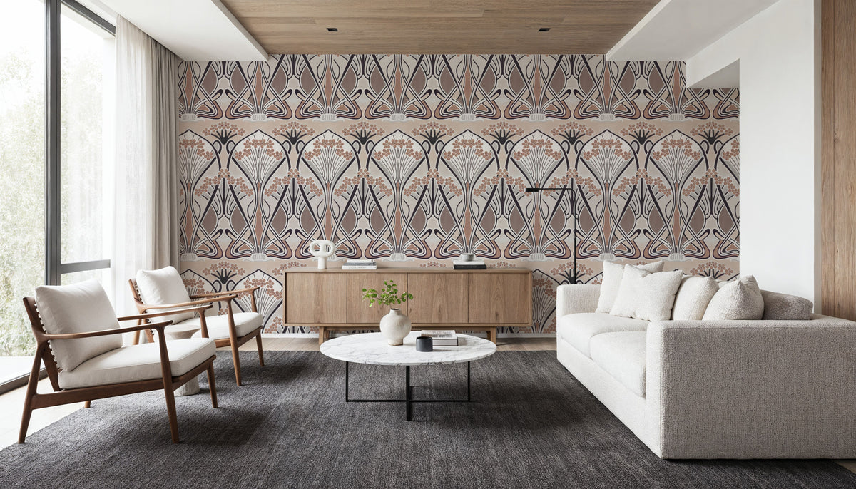 Floral Art Deco Aura, Walnut Dust Mural Wallpaper - room preview 05