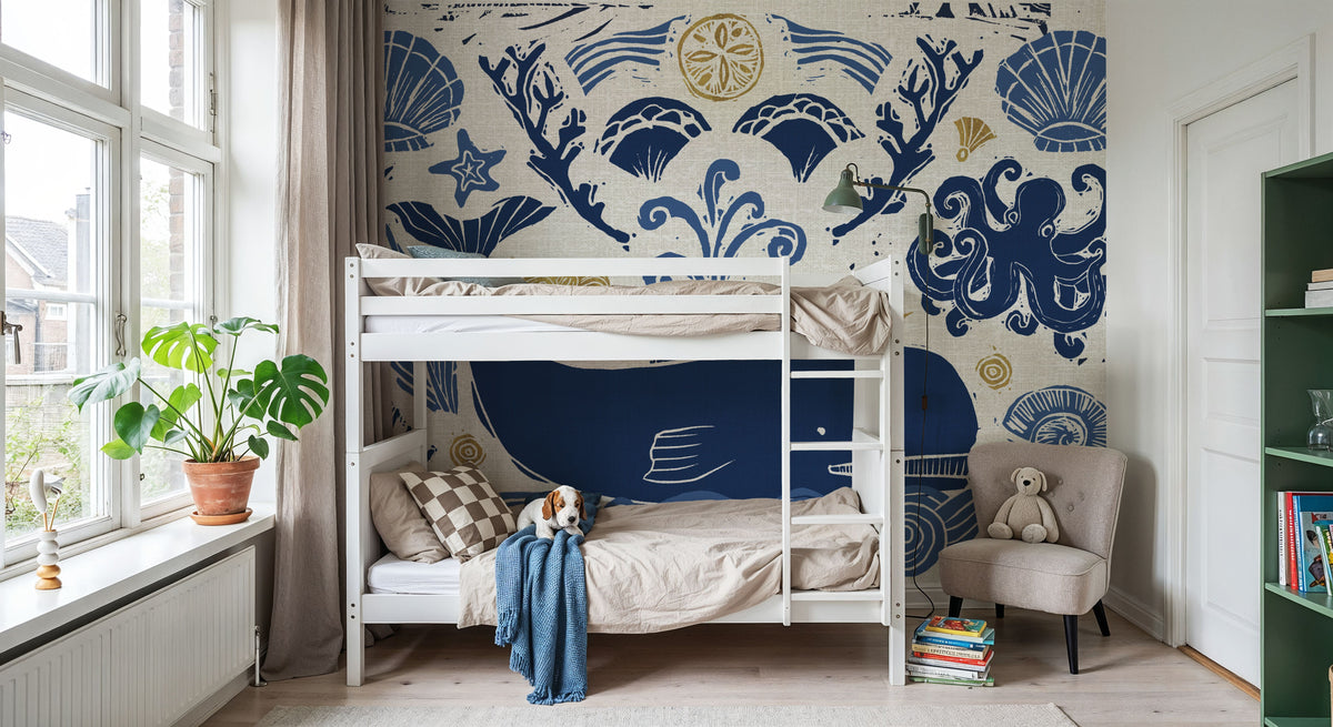 Whale Seas White Mural Wallpaper - room preview 05