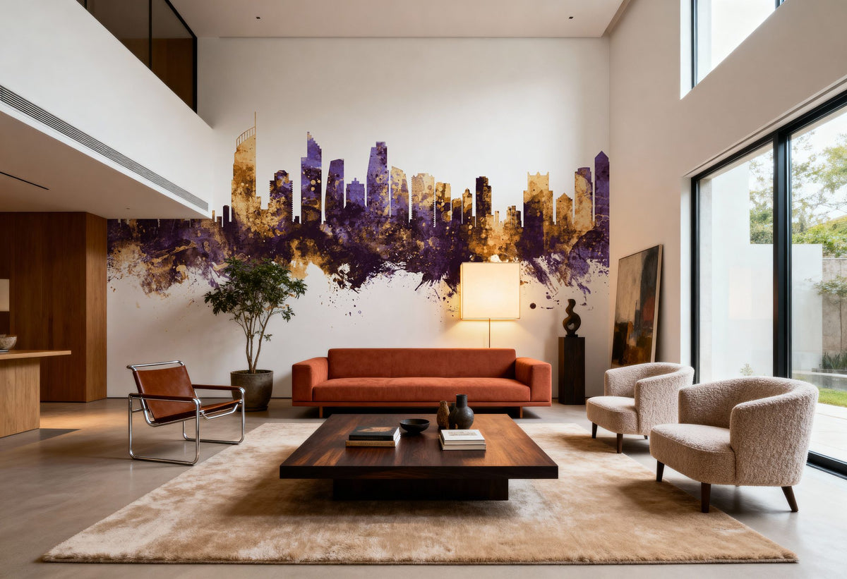 Gold Coast Australia Skyline Purple & Gold Mural Wallpaper - room preview 05