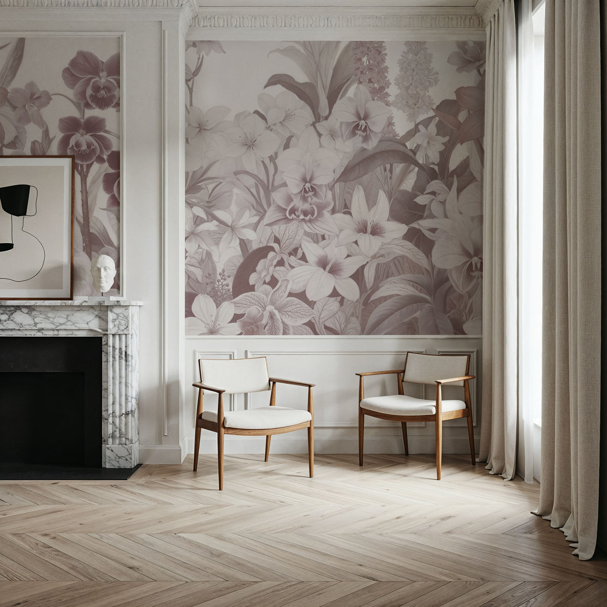 The Tenderness of Orchids, Rosy Salmon Mural Wallpaper - room preview 05