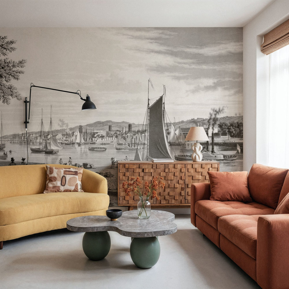 Old View of Troy & Hudson River, 1838 Mural Wallpaper - room preview 05