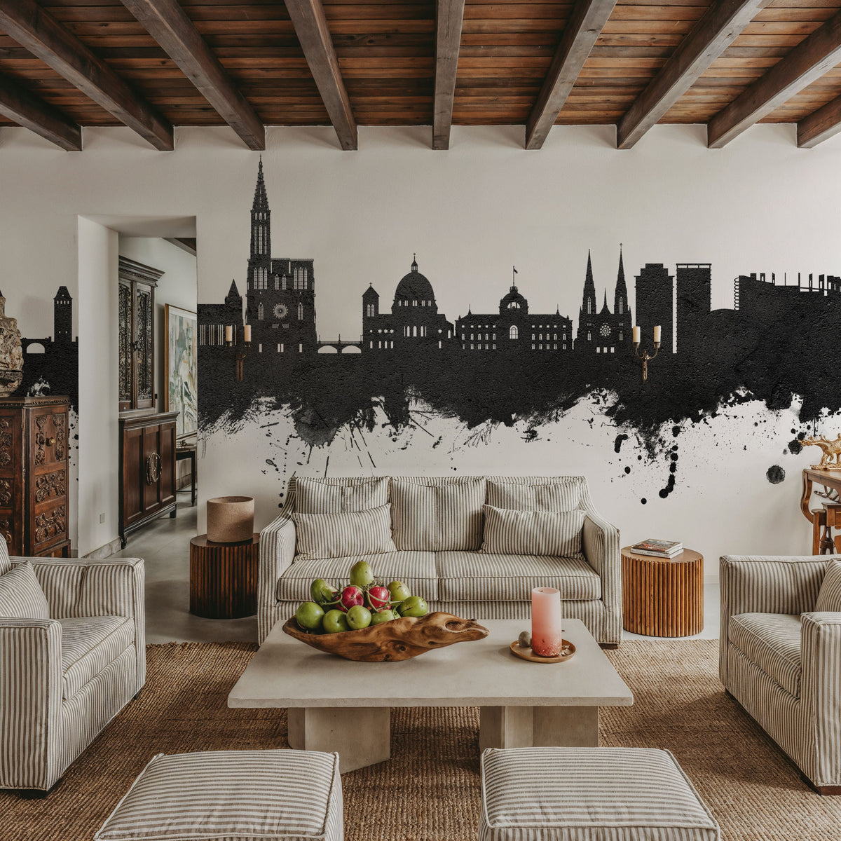 Strasbourg France Skyline Black & White Mural Wallpaper - room preview 05
