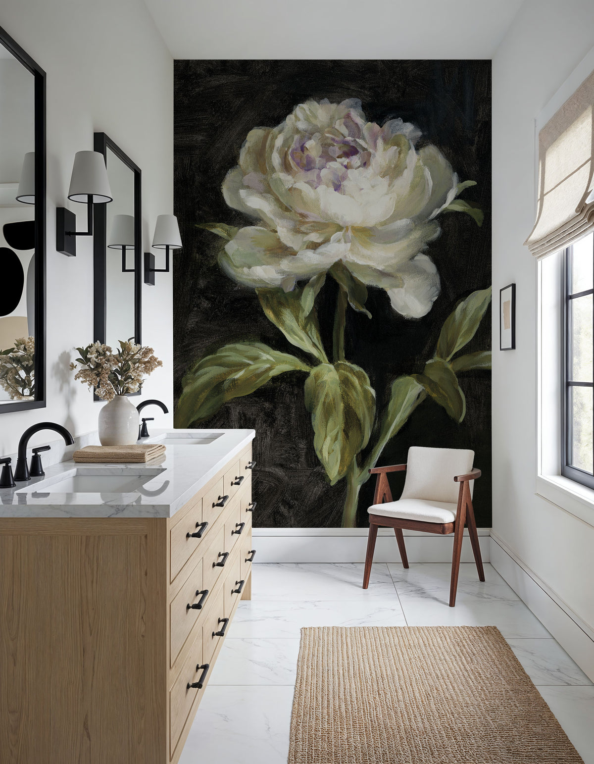 Peony on Black Mural Wallpaper - Neutral Tone - room preview 05