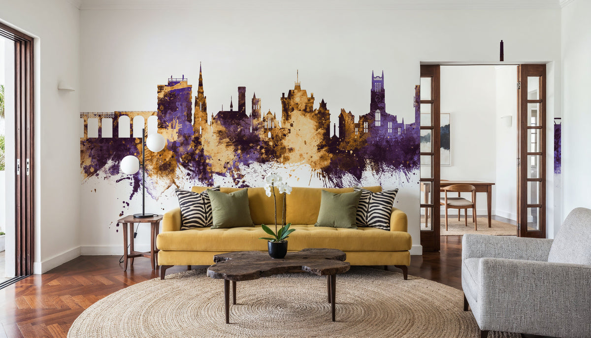 Huddersfield England Skyline Purple & Gold Mural Wallpaper - room preview 05