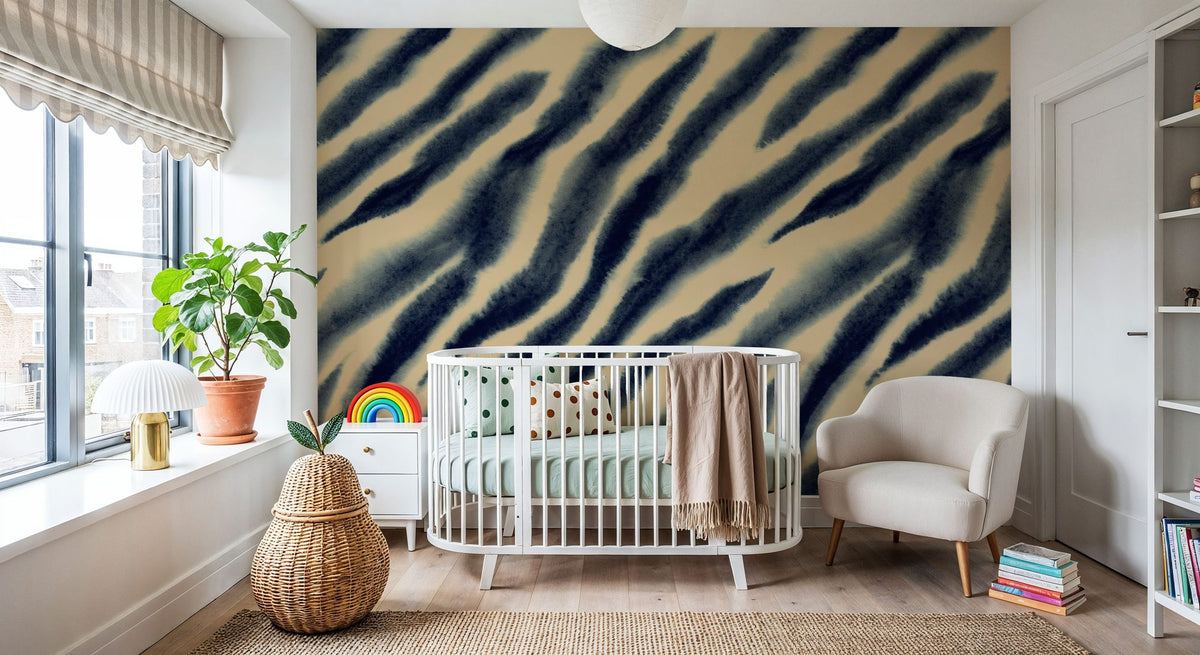 Dwellpaper Watercolor Tiger Stripes, Blue on Beige Mural Wallpaper image 5