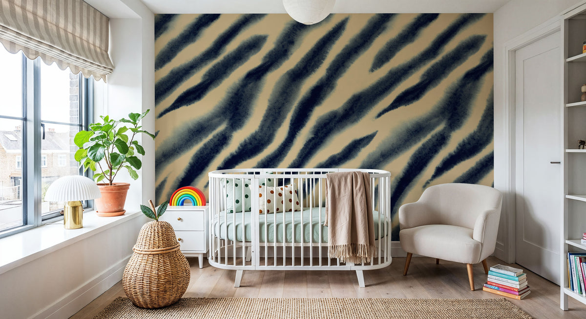 Watercolor Tiger Stripes, Blue on Beige Mural Wallpaper - room preview 05