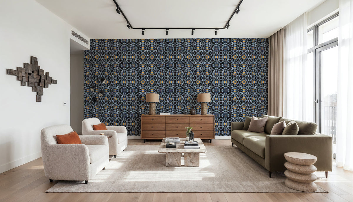 Geo Floral, Navy Mural Wallpaper - room preview 05