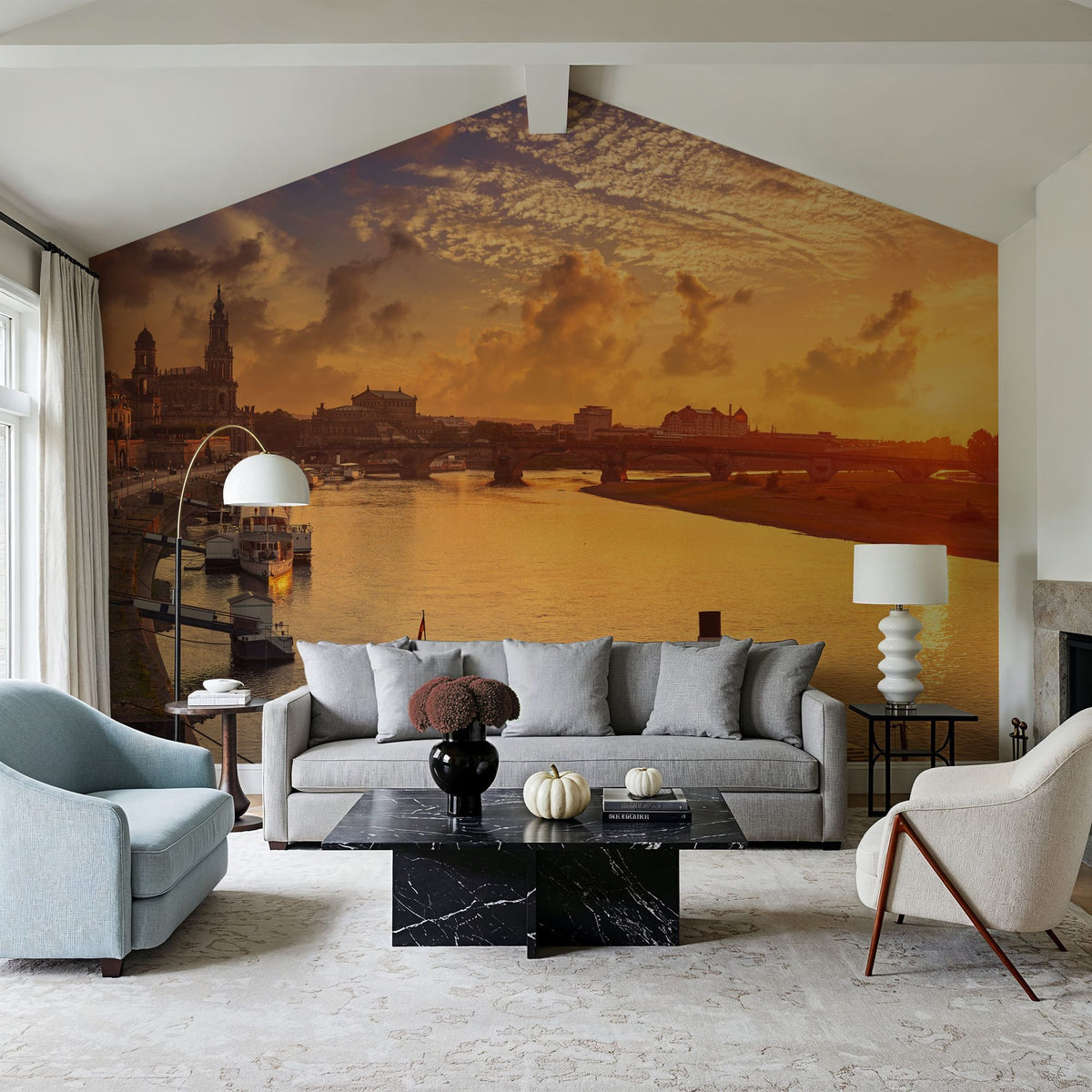 Dresden and Elbe River At Sunset Mural Wallpaper - room preview 05