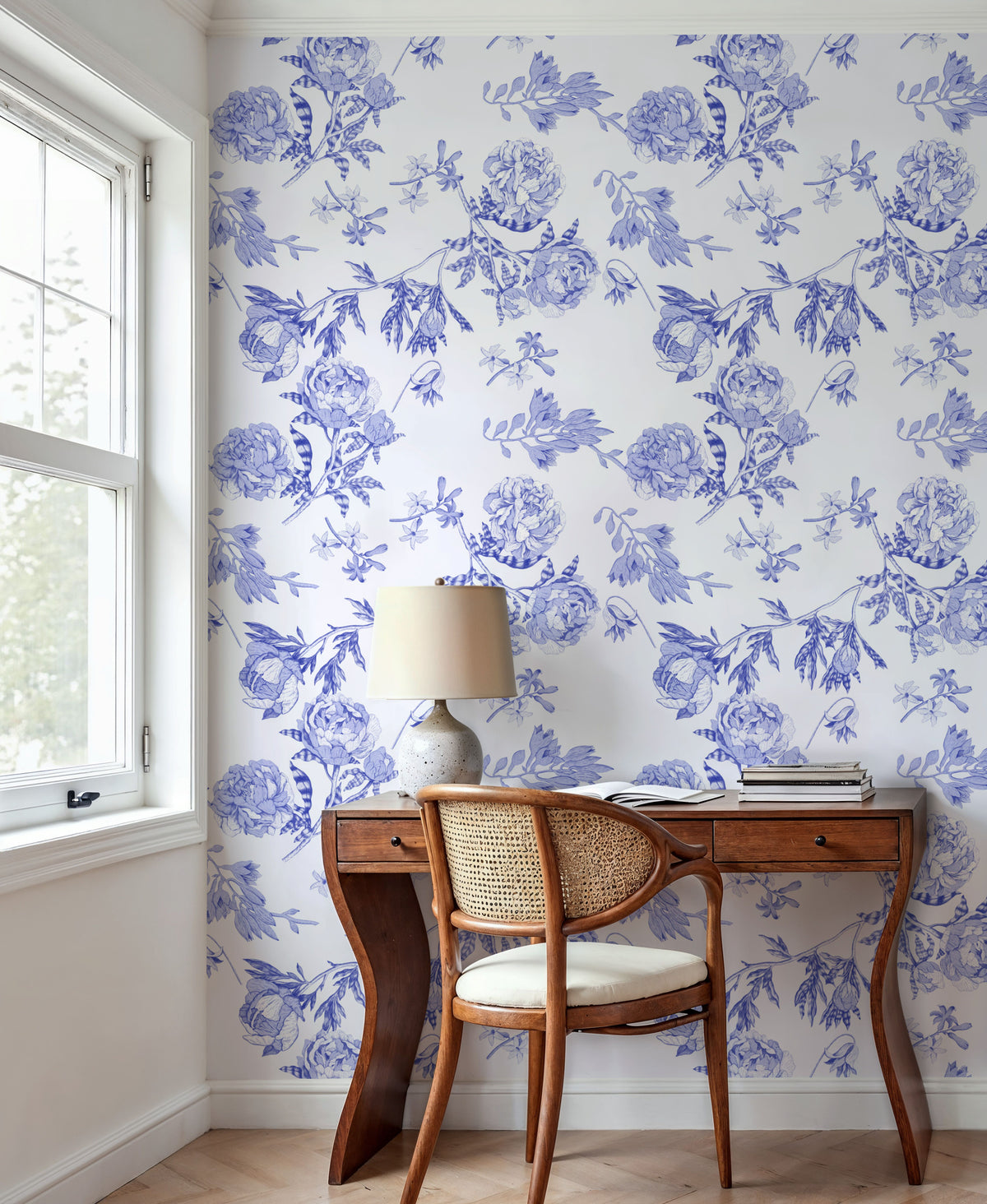 Peony Passion, Blue on White Mural Wallpaper - room preview 05